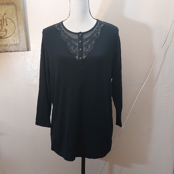 CHAPS Lace Accent Black Marled 3/4 Sleeves Sleeve Henley Shirt Size 1X - Picture 2 of 7